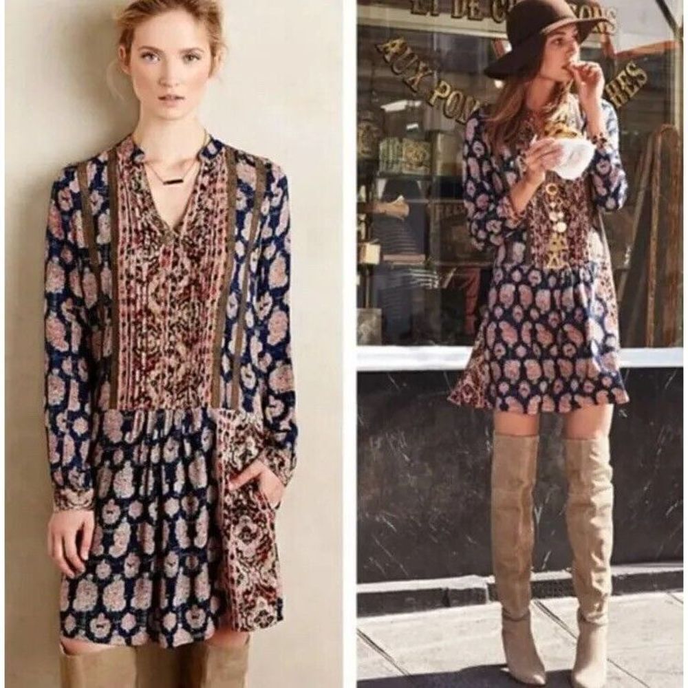 Anthropologie Tiny Tunic‎ Dress Size X-Small Brown Paquerette Pleated Shirtdress